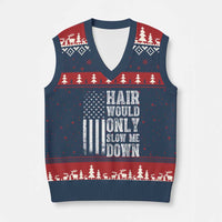 Funny Bald Pride Hair Would Only Slow Me Down V-Neck Knit Sweater Vest Distressed Patriotic US Flag Bald Men Joke
