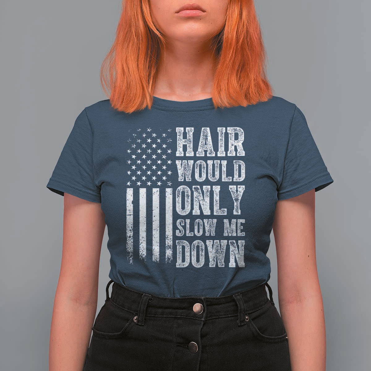 Funny Bald Pride Hair Would Only Slow Me Down T Shirt For Women Distressed Patriotic US Flag Bald Men Joke