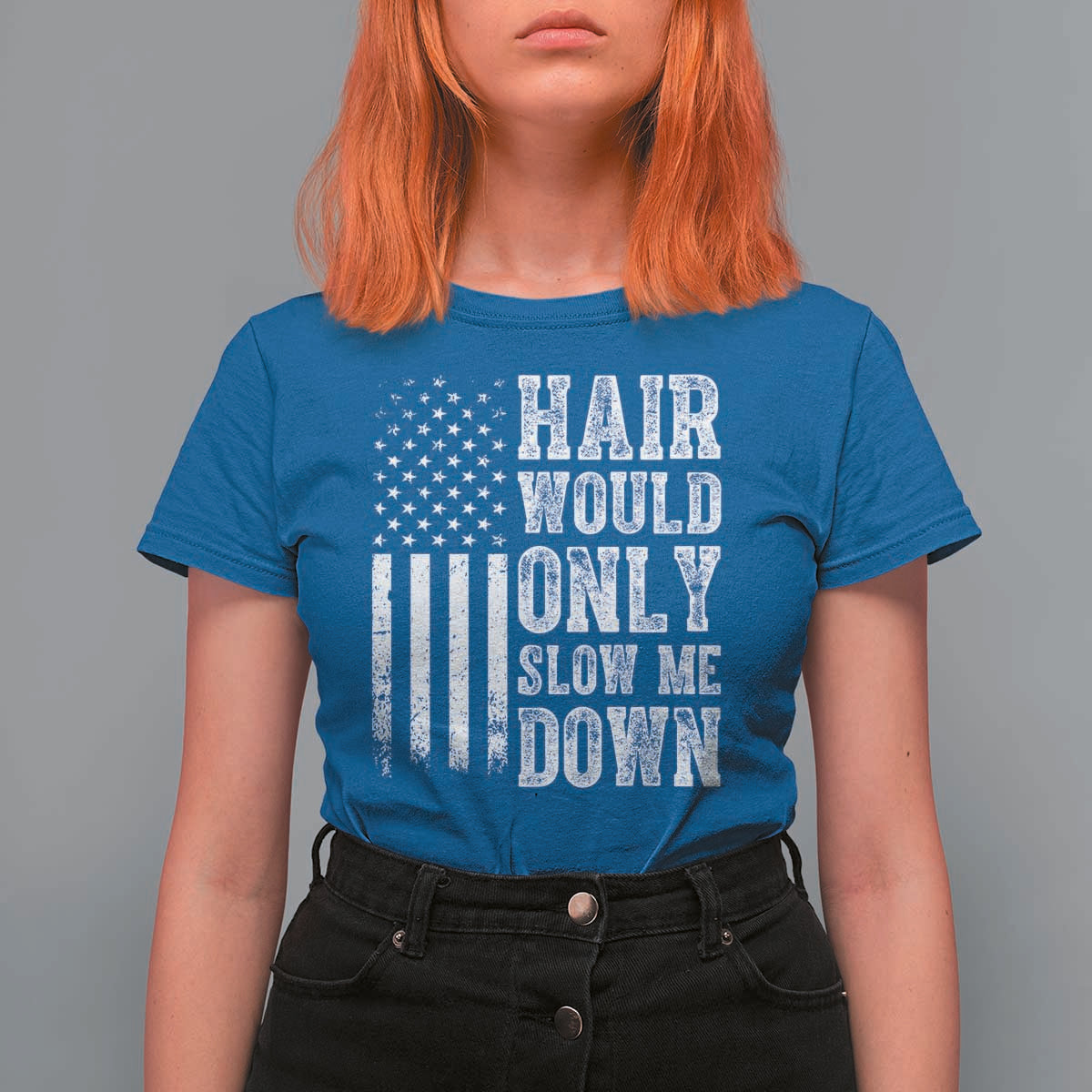 Funny Bald Pride Hair Would Only Slow Me Down T Shirt For Women Distressed Patriotic US Flag Bald Men Joke