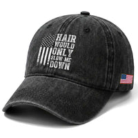Funny Bald Pride Hair Would Only Slow Me Down Washed Cotton Baseball Cap Distressed Patriotic US Flag Bald Men Joke