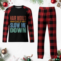 Retro 70s Hair Would Only Slow Me Down Plaid Pajama Set Vintage Distressed Typography Funny Bald Joke
