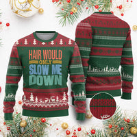 Retro 70s Hair Would Only Slow Me Down Ugly Christmas Sweater Vintage Distressed Typography Funny Bald Joke