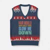 Retro 70s Hair Would Only Slow Me Down V-Neck Knit Sweater Vest Vintage Distressed Typography Funny Bald Joke