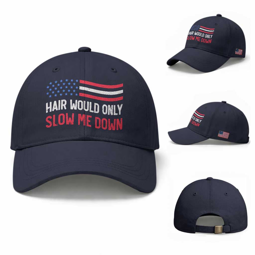 Hair Would Only Slow Me Down Retro Groovy Baseball Cap Patriotic Waving Flag Comedic Bald Pride