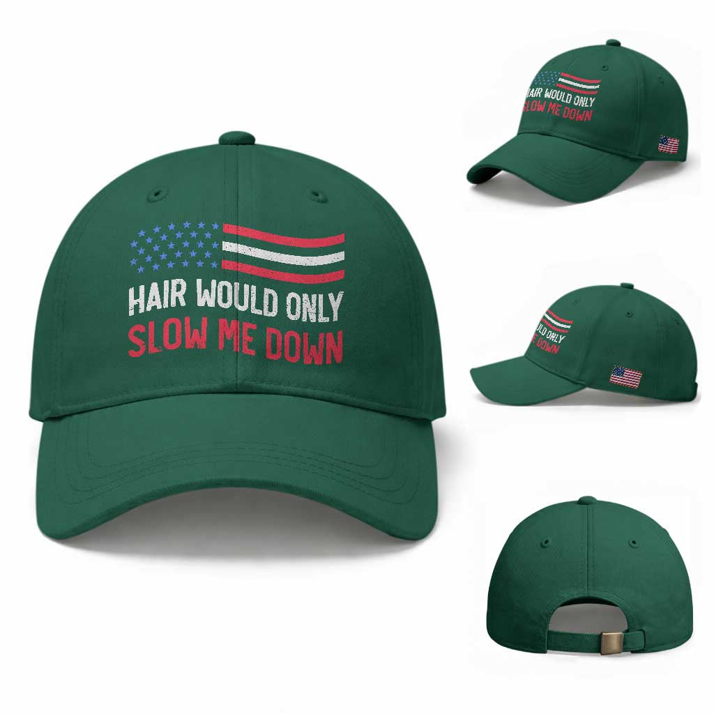 Hair Would Only Slow Me Down Retro Groovy Baseball Cap Patriotic Waving Flag Comedic Bald Pride