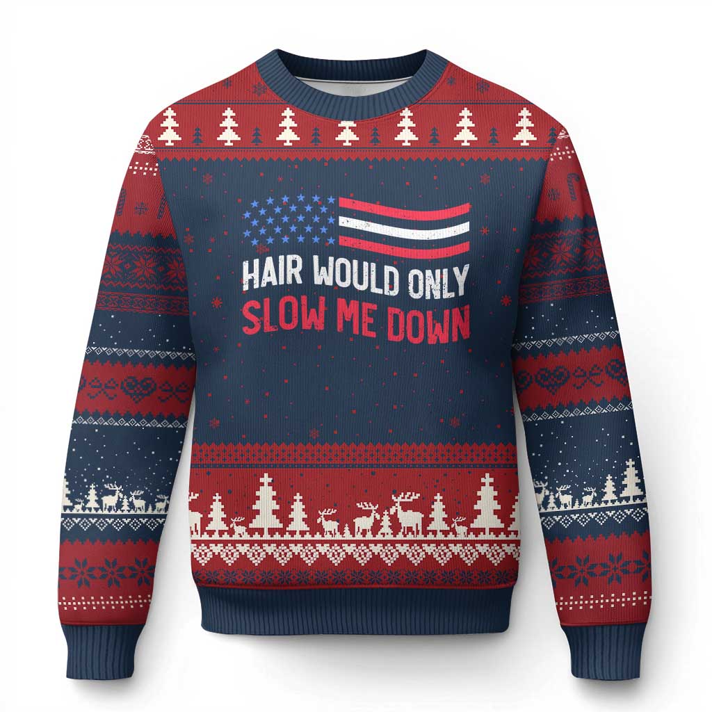 Hair Would Only Slow Me Down Retro Groovy Ugly Christmas Sweater Patriotic Waving Flag Comedic Bald Pride