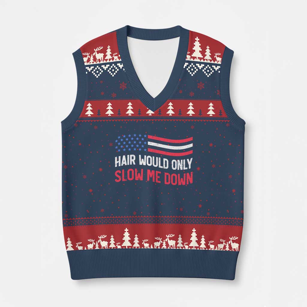 Hair Would Only Slow Me Down Retro Groovy V-Neck Knit Sweater Vest Patriotic Waving Flag Comedic Bald Pride