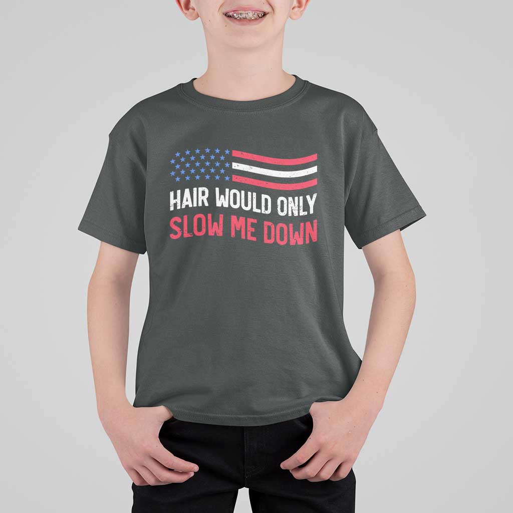Hair Would Only Slow Me Down Retro Groovy T Shirt For Kid Patriotic Waving Flag Comedic Bald Pride