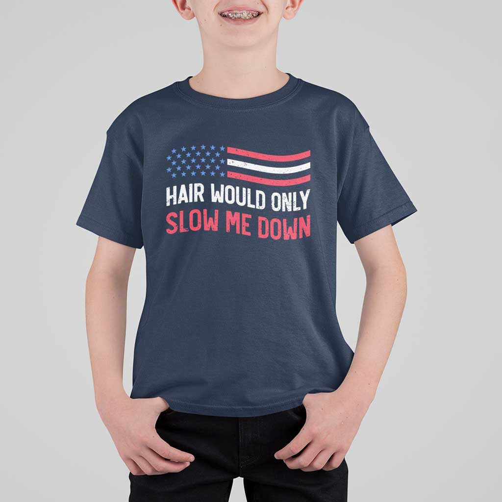 Hair Would Only Slow Me Down Retro Groovy T Shirt For Kid Patriotic Waving Flag Comedic Bald Pride