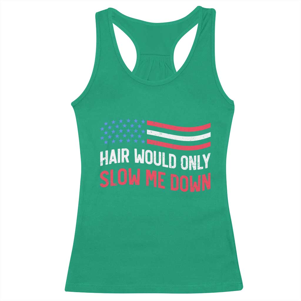 Hair Would Only Slow Me Down Retro Groovy Racerback Tank Top Patriotic Waving Flag Comedic Bald Pride