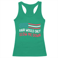 Hair Would Only Slow Me Down Retro Groovy Racerback Tank Top Patriotic Waving Flag Comedic Bald Pride