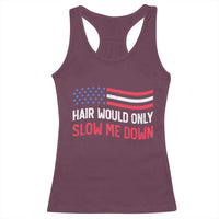 Hair Would Only Slow Me Down Retro Groovy Racerback Tank Top Patriotic Waving Flag Comedic Bald Pride