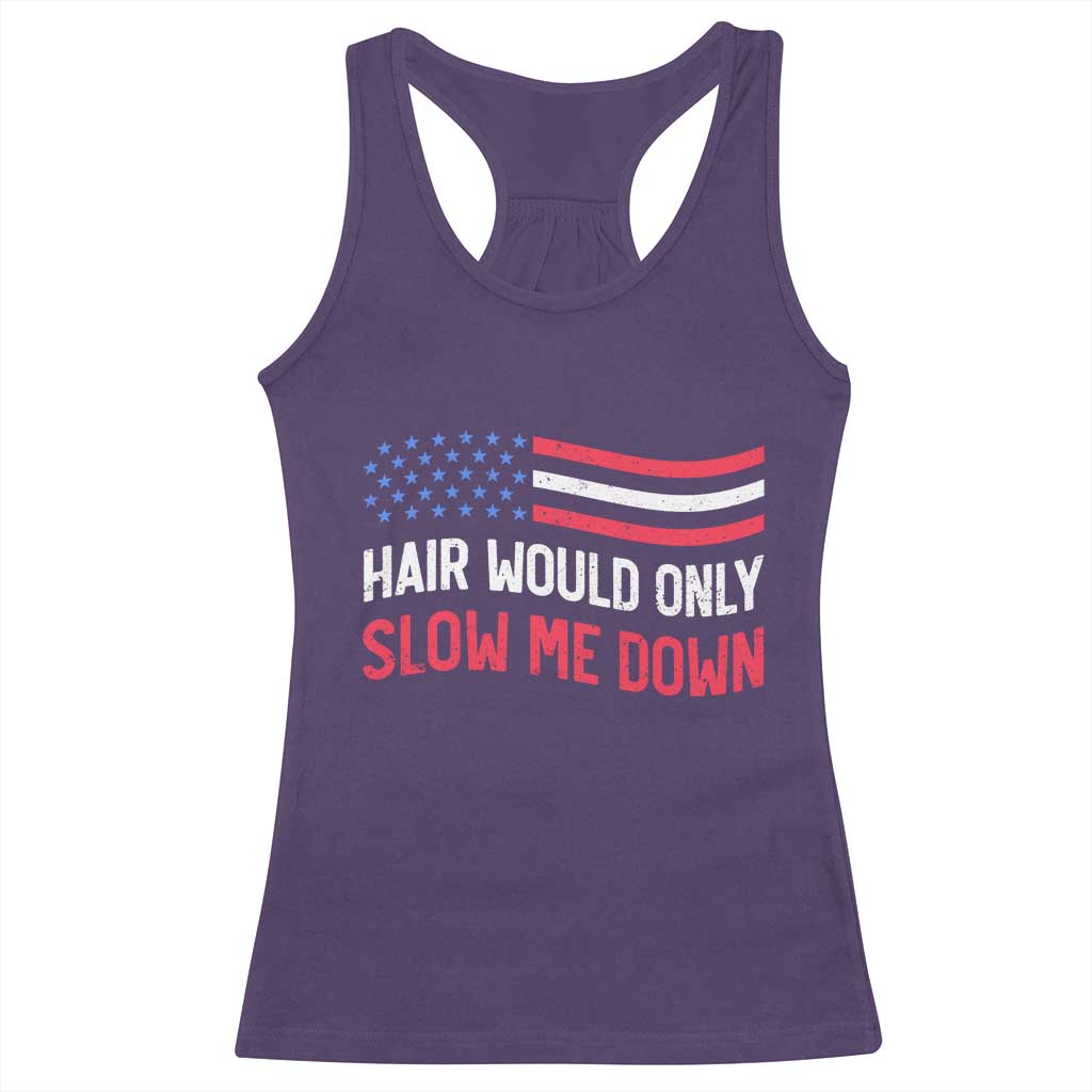 Hair Would Only Slow Me Down Retro Groovy Racerback Tank Top Patriotic Waving Flag Comedic Bald Pride