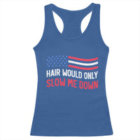 Hair Would Only Slow Me Down Retro Groovy Racerback Tank Top Patriotic Waving Flag Comedic Bald Pride