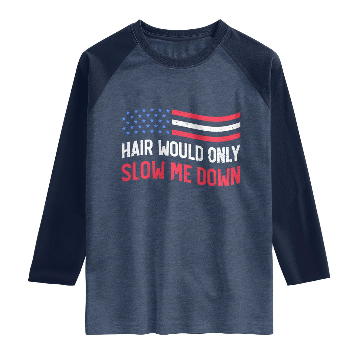 Hair Would Only Slow Me Down Retro Groovy Raglan Shirt Patriotic Waving Flag Comedic Bald Pride