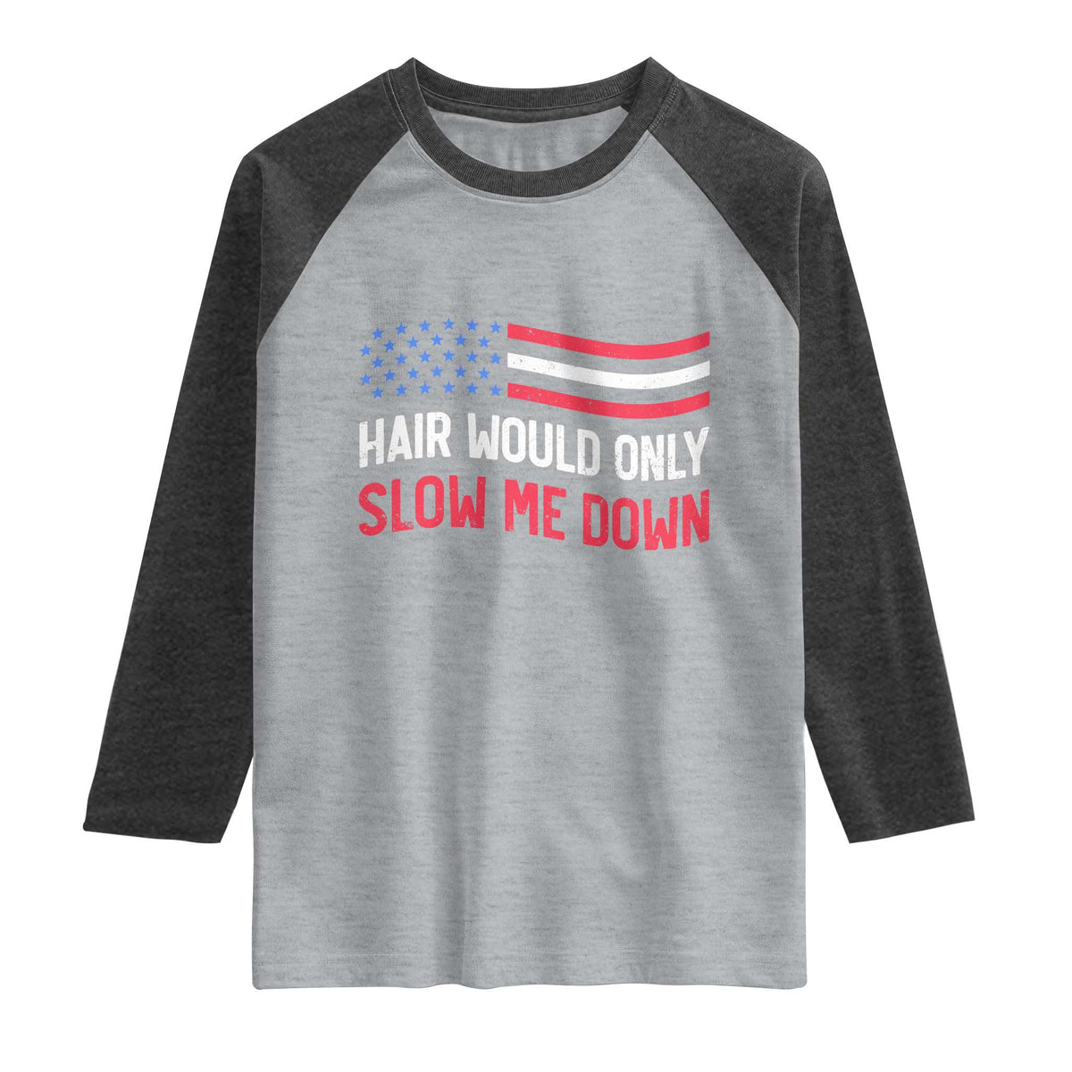 Hair Would Only Slow Me Down Retro Groovy Raglan Shirt Patriotic Waving Flag Comedic Bald Pride