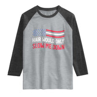 Hair Would Only Slow Me Down Retro Groovy Raglan Shirt Patriotic Waving Flag Comedic Bald Pride