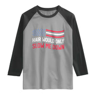 Hair Would Only Slow Me Down Retro Groovy Raglan Shirt Patriotic Waving Flag Comedic Bald Pride