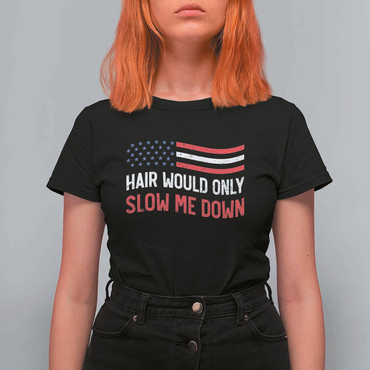 Hair Would Only Slow Me Down Retro Groovy T Shirt For Women Patriotic Waving Flag Comedic Bald Pride