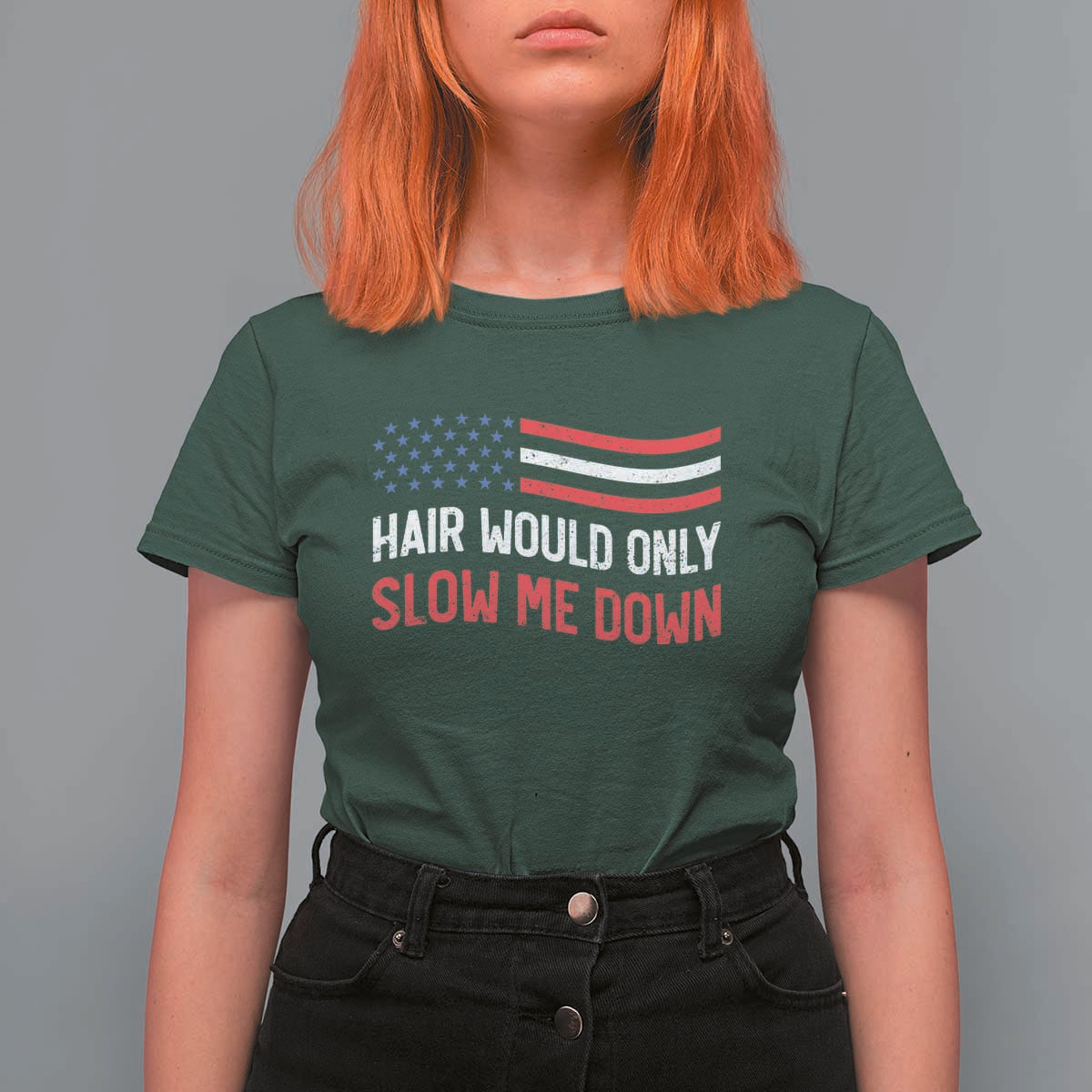 Hair Would Only Slow Me Down Retro Groovy T Shirt For Women Patriotic Waving Flag Comedic Bald Pride