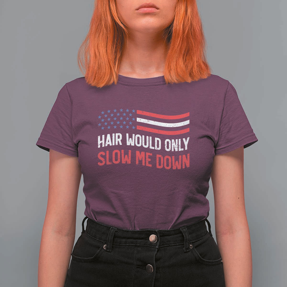 Hair Would Only Slow Me Down Retro Groovy T Shirt For Women Patriotic Waving Flag Comedic Bald Pride