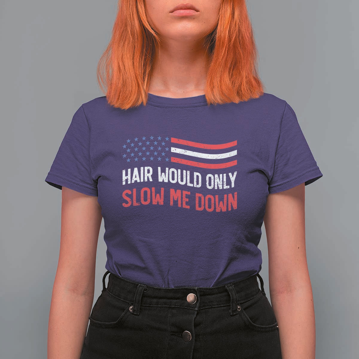Hair Would Only Slow Me Down Retro Groovy T Shirt For Women Patriotic Waving Flag Comedic Bald Pride