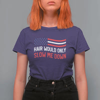 Hair Would Only Slow Me Down Retro Groovy T Shirt For Women Patriotic Waving Flag Comedic Bald Pride
