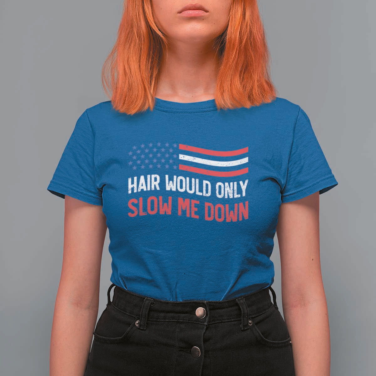 Hair Would Only Slow Me Down Retro Groovy T Shirt For Women Patriotic Waving Flag Comedic Bald Pride