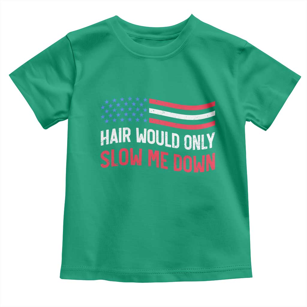 Hair Would Only Slow Me Down Retro Groovy Toddler T Shirt Patriotic Waving Flag Comedic Bald Pride