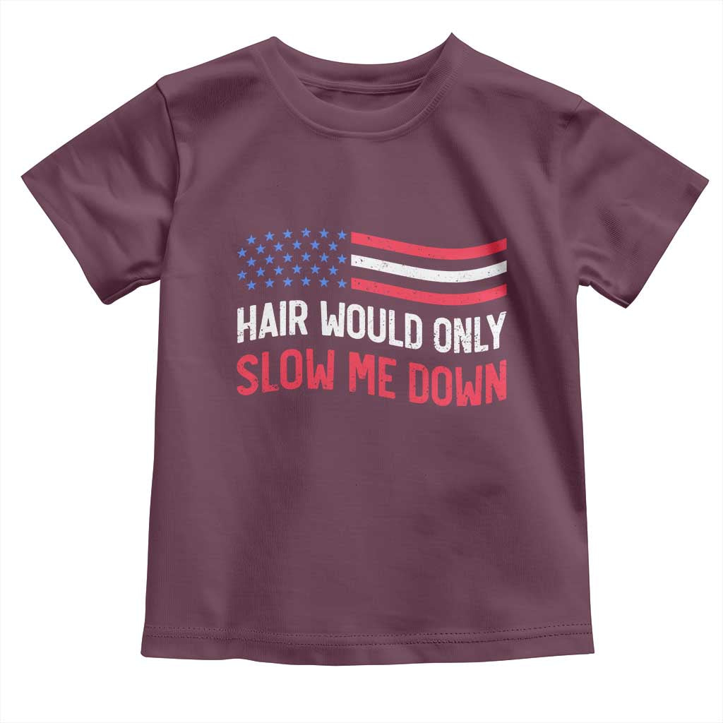 Hair Would Only Slow Me Down Retro Groovy Toddler T Shirt Patriotic Waving Flag Comedic Bald Pride