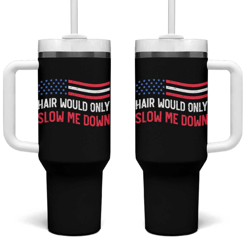Hair Would Only Slow Me Down Retro Groovy Tumbler With Handle Patriotic Waving Flag Comedic Bald Pride