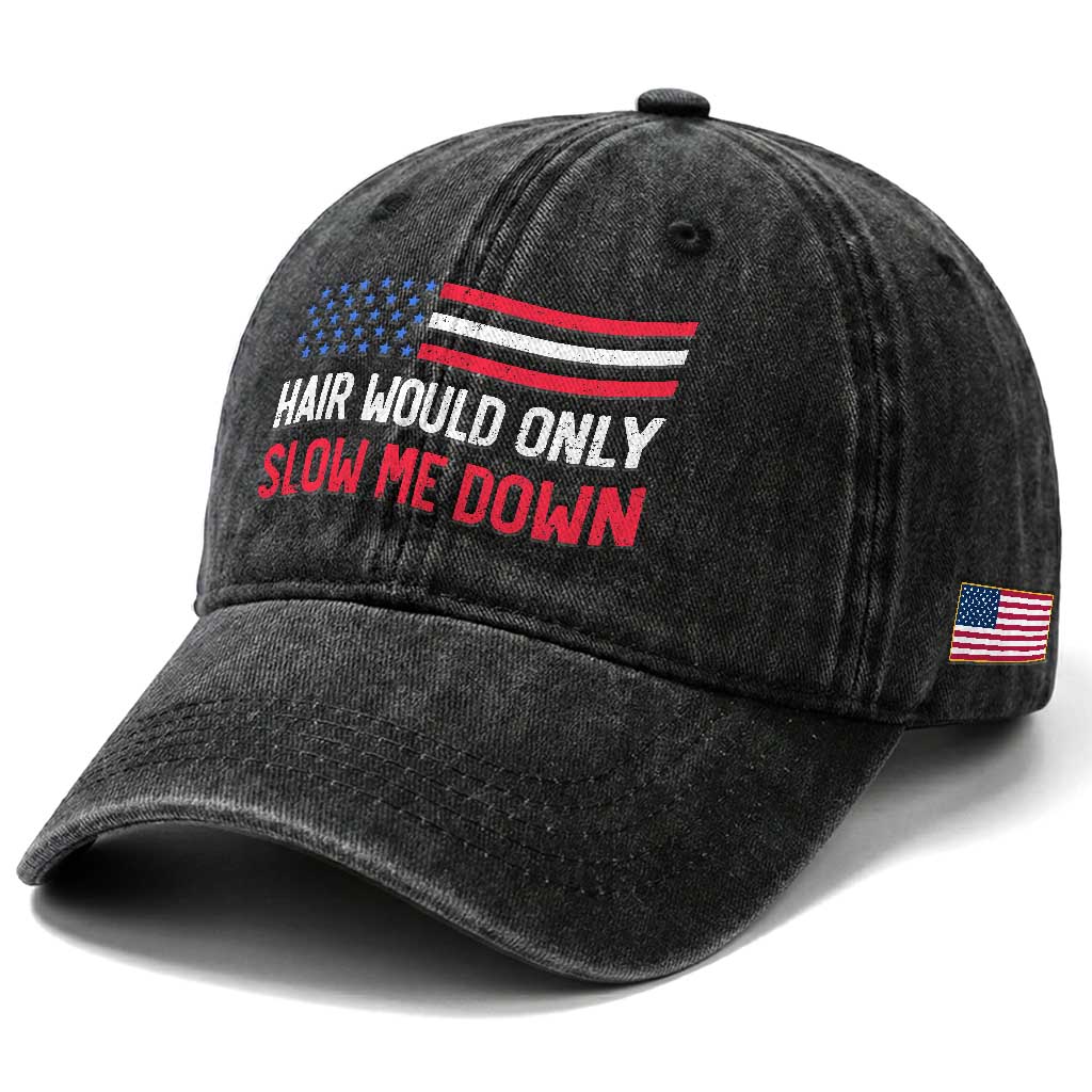 Hair Would Only Slow Me Down Retro Groovy Washed Cotton Baseball Cap Patriotic Waving Flag Comedic Bald Pride