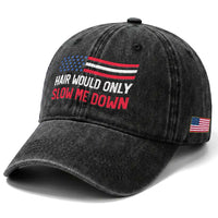 Hair Would Only Slow Me Down Retro Groovy Washed Cotton Baseball Cap Patriotic Waving Flag Comedic Bald Pride