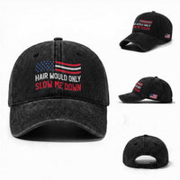 Hair Would Only Slow Me Down Retro Groovy Washed Cotton Baseball Cap Patriotic Waving Flag Comedic Bald Pride