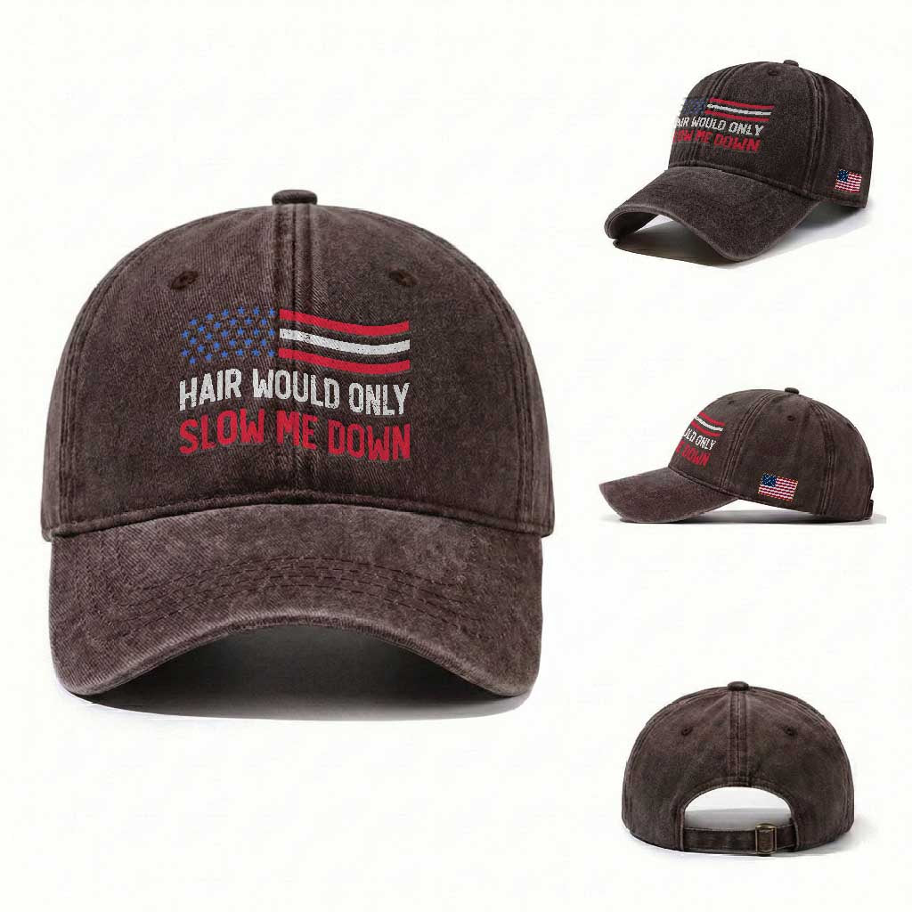 Hair Would Only Slow Me Down Retro Groovy Washed Cotton Baseball Cap Patriotic Waving Flag Comedic Bald Pride