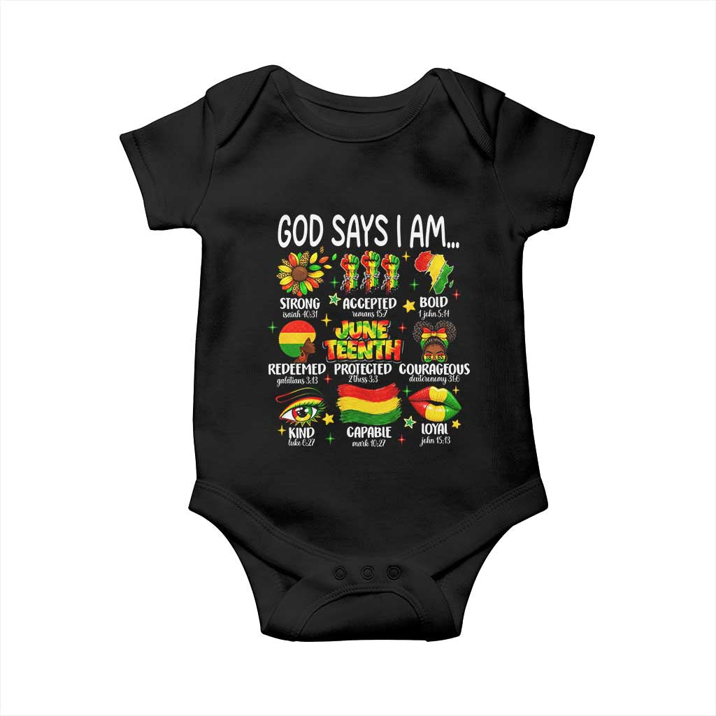 God Says I Am Juneteenth Christian Baby Onesie Pan-African Afrocentric Faith Bible Verses Freedom Day