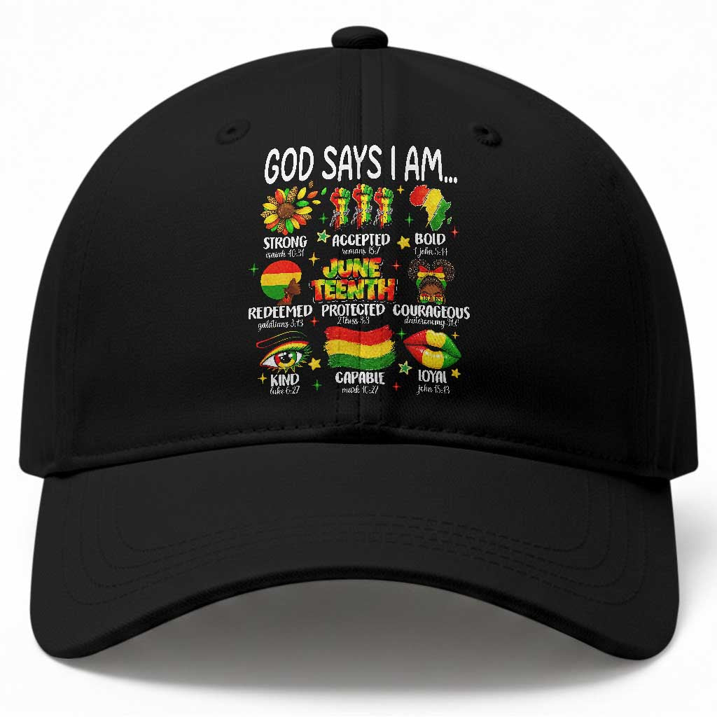 God Says I Am Juneteenth Christian Baseball Cap Pan-African Afrocentric Faith Bible Verses Freedom Day