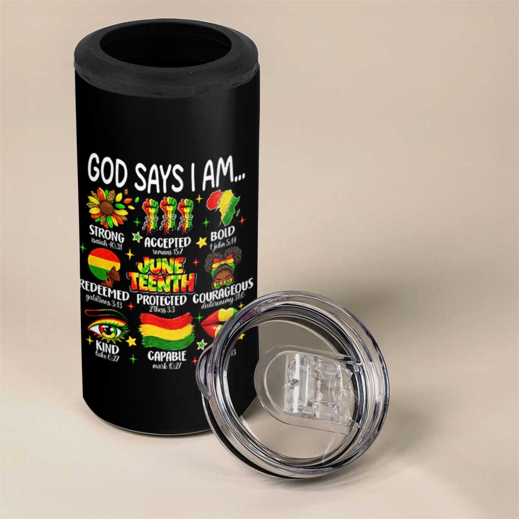 God Says I Am Juneteenth Christian 4 in 1 Can Cooler Tumbler Pan-African Afrocentric Faith Bible Verses Freedom Day