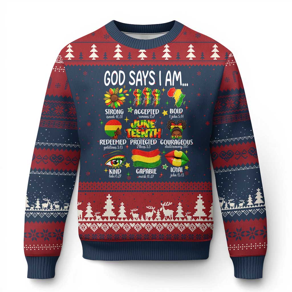 God Says I Am Juneteenth Christian Ugly Christmas Sweater Pan-African Afrocentric Faith Bible Verses Freedom Day