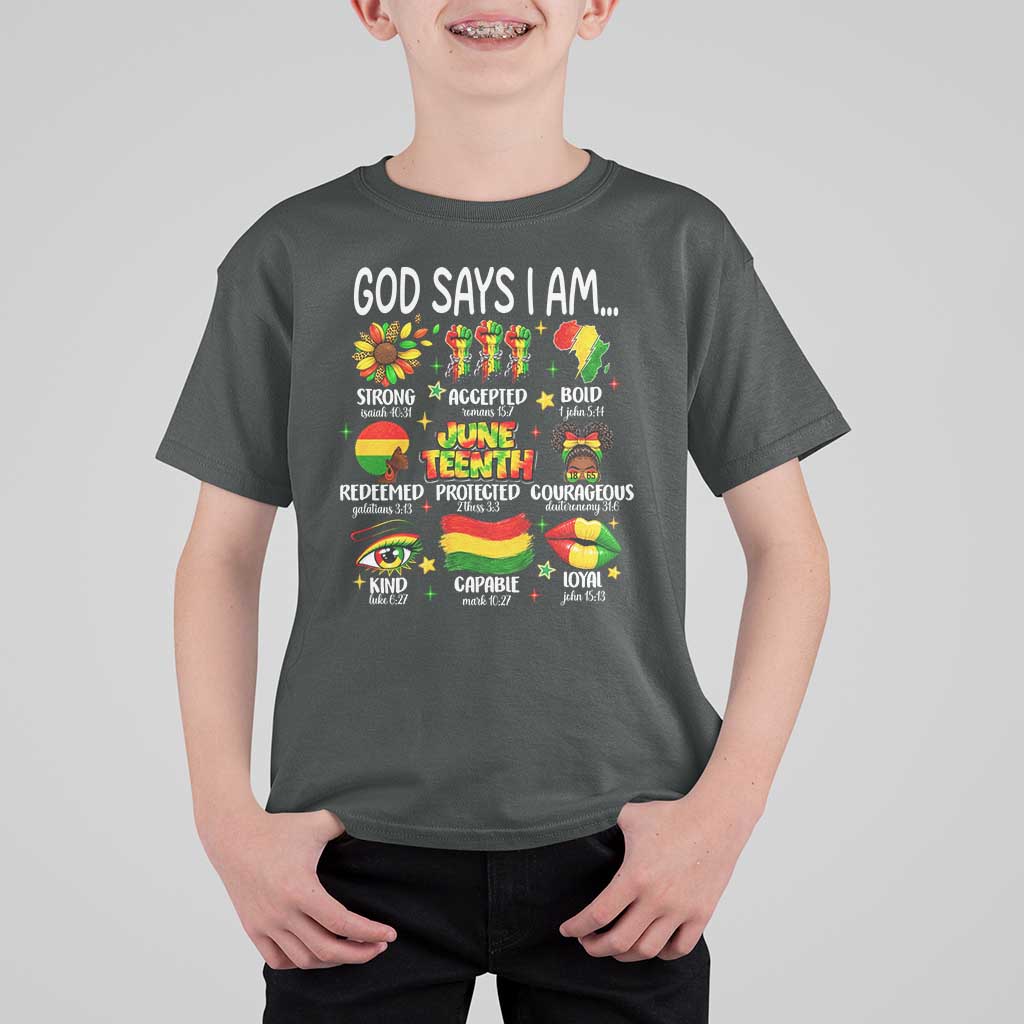 God Says I Am Juneteenth Christian T Shirt For Kid Pan-African Afrocentric Faith Bible Verses Freedom Day
