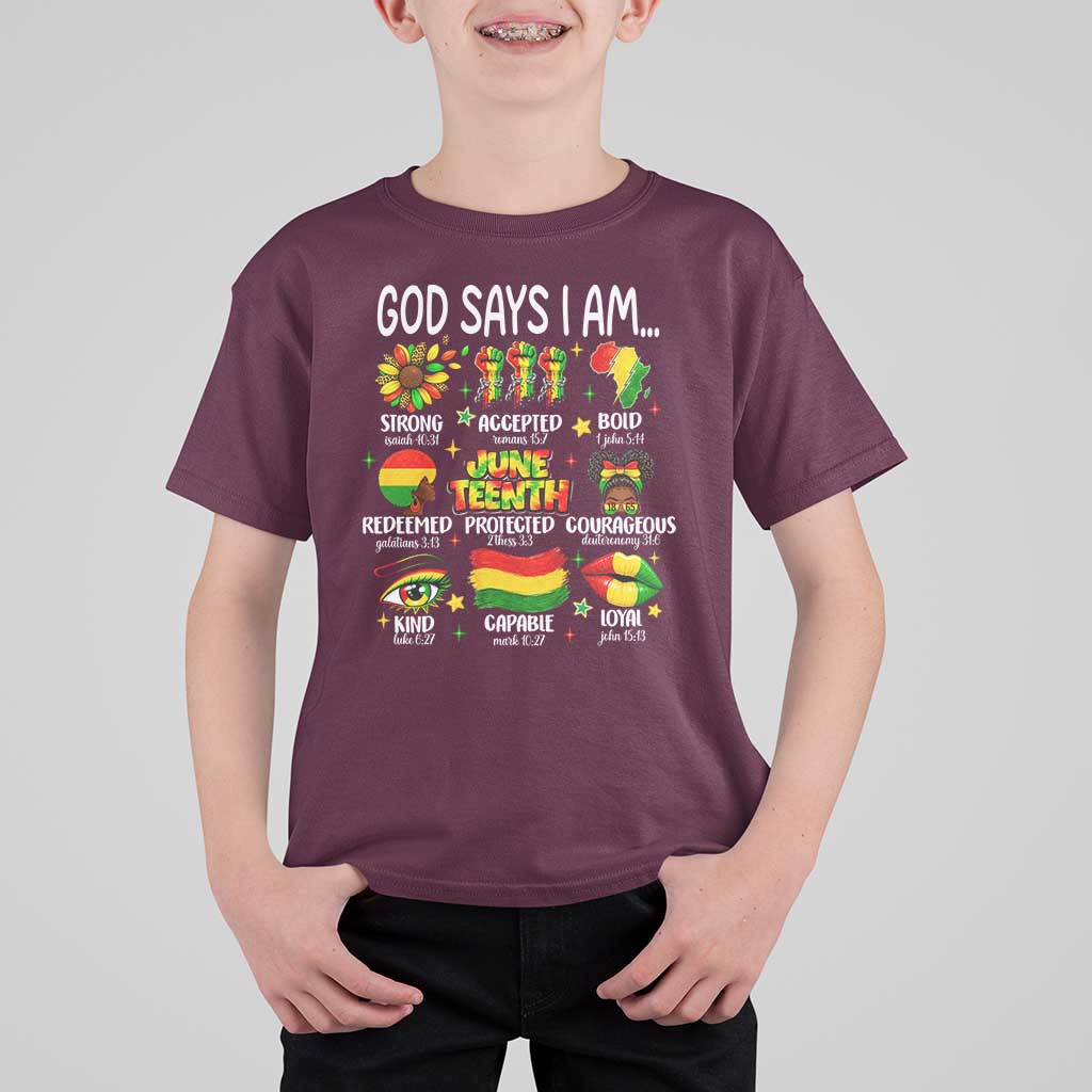 God Says I Am Juneteenth Christian T Shirt For Kid Pan-African Afrocentric Faith Bible Verses Freedom Day