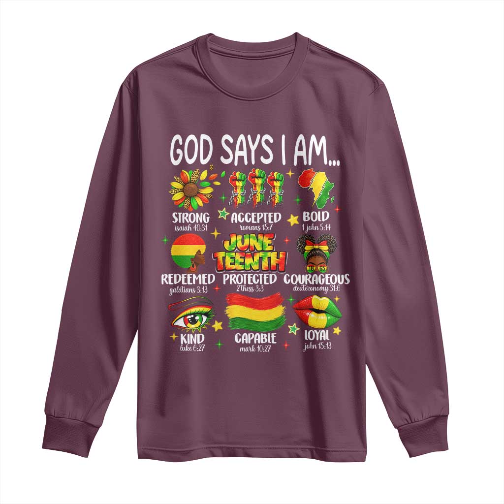 God Says I Am Juneteenth Christian Long Sleeve Shirt Pan-African Afrocentric Faith Bible Verses Freedom Day
