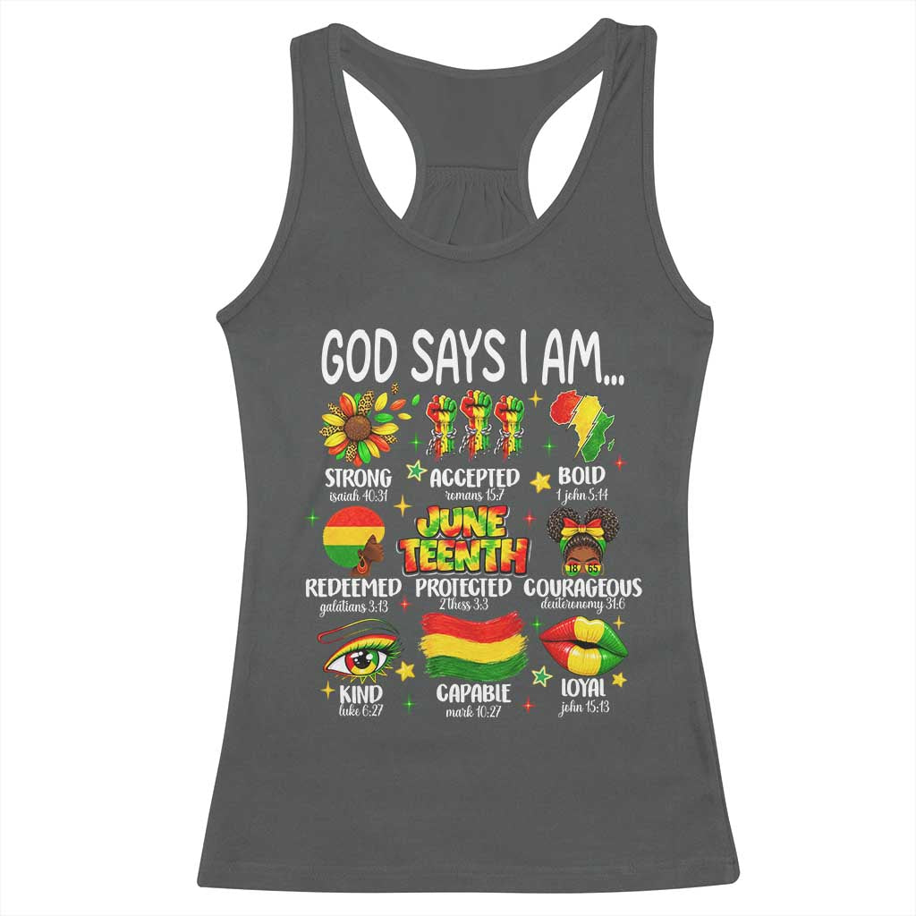 God Says I Am Juneteenth Christian Racerback Tank Top Pan-African Afrocentric Faith Bible Verses Freedom Day