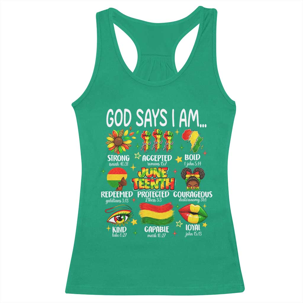 God Says I Am Juneteenth Christian Racerback Tank Top Pan-African Afrocentric Faith Bible Verses Freedom Day