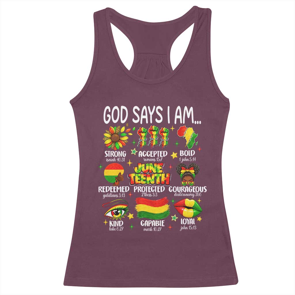 God Says I Am Juneteenth Christian Racerback Tank Top Pan-African Afrocentric Faith Bible Verses Freedom Day