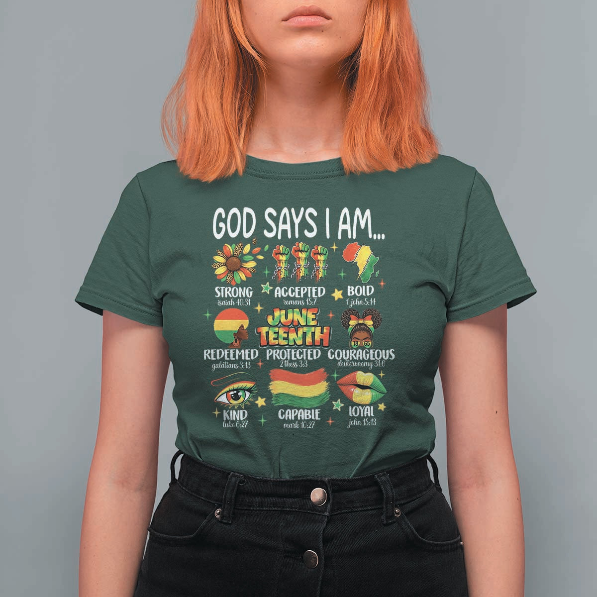 God Says I Am Juneteenth Christian T Shirt For Women Pan-African Afrocentric Faith Bible Verses Freedom Day