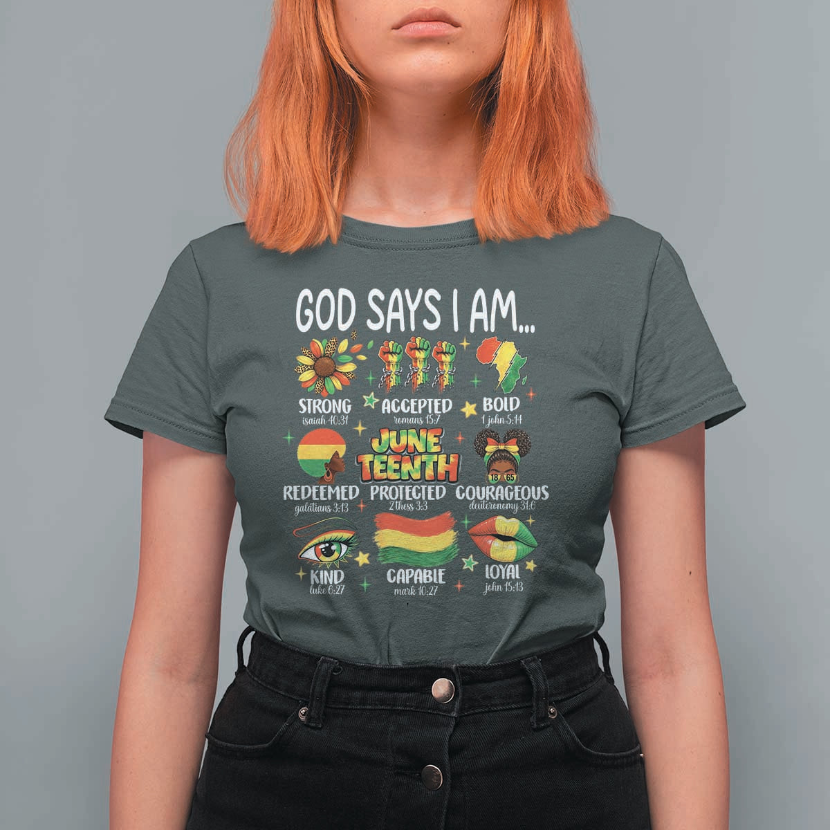 God Says I Am Juneteenth Christian T Shirt For Women Pan-African Afrocentric Faith Bible Verses Freedom Day