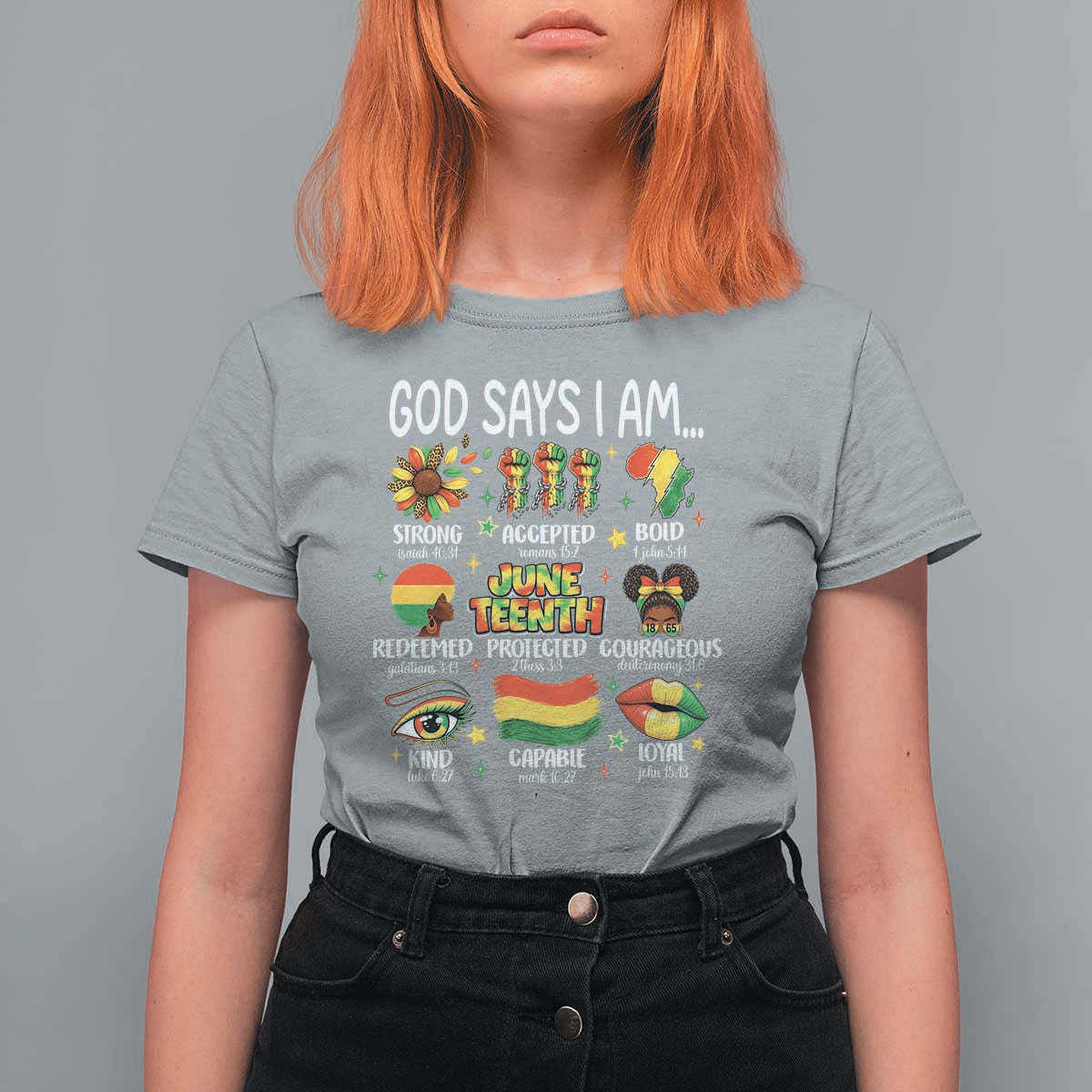 God Says I Am Juneteenth Christian T Shirt For Women Pan-African Afrocentric Faith Bible Verses Freedom Day