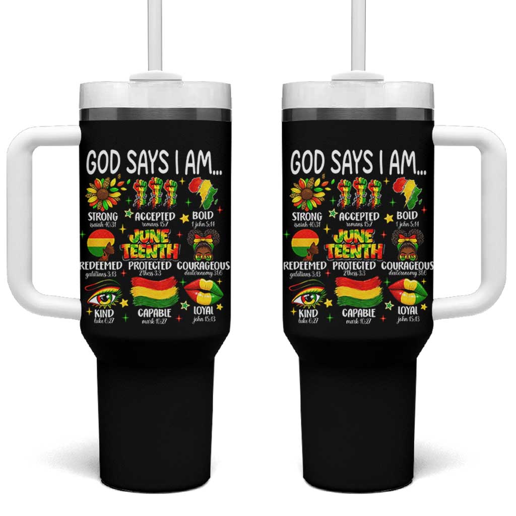 God Says I Am Juneteenth Christian Tumbler With Handle Pan-African Afrocentric Faith Bible Verses Freedom Day