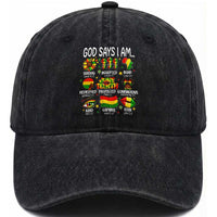 God Says I Am Juneteenth Christian Washed Cotton Baseball Cap Pan-African Afrocentric Faith Bible Verses Freedom Day